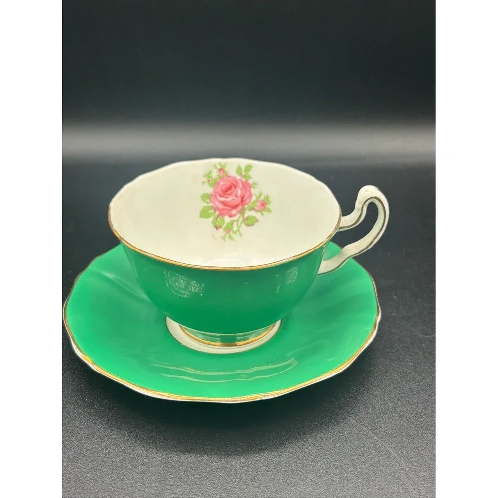 Adderley England TEA TIME Cup And Saucer Pink Cabbage Rose Green Vintage Bright